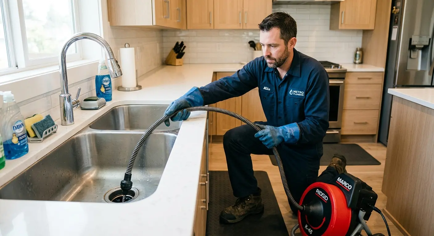 Drain cleaning technician using a motorized snake on a kitchen sink in Hugo