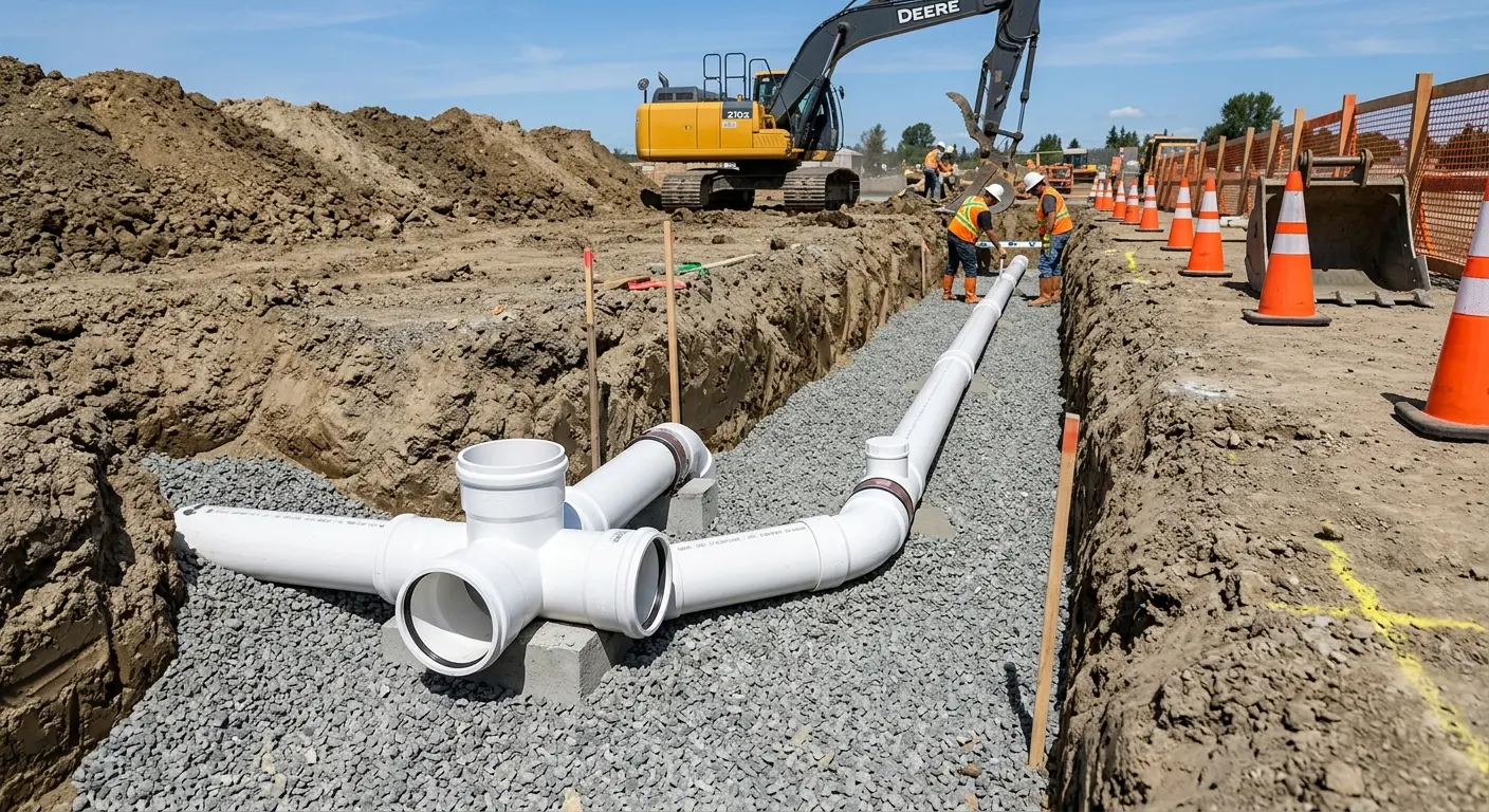 New PVC sewer pipe installation in open trench for Grease Trap Cleaning in Hugo
