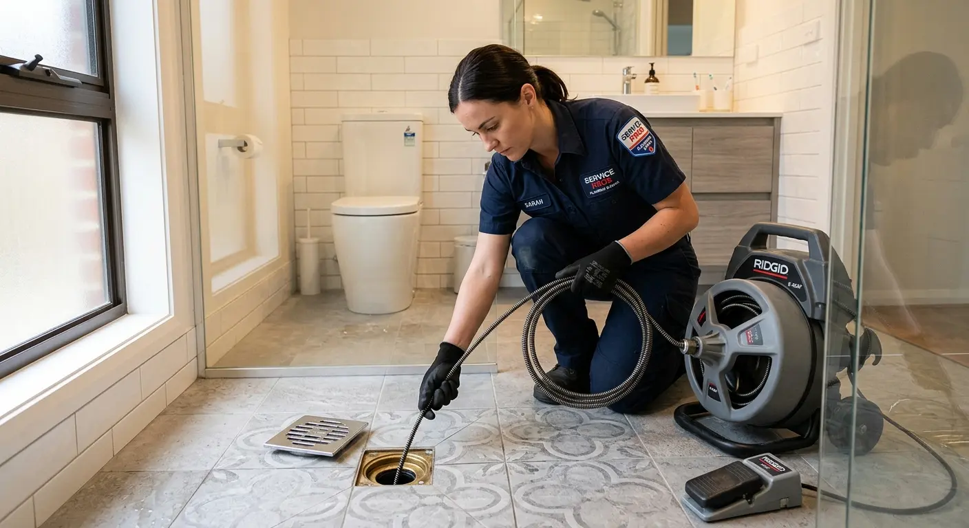 Technician clearing a bathroom floor drain for Drain Repair in Hugo
